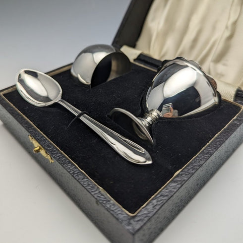 British vintage silver plate egg stand & napkin ring & spoon set boxed
